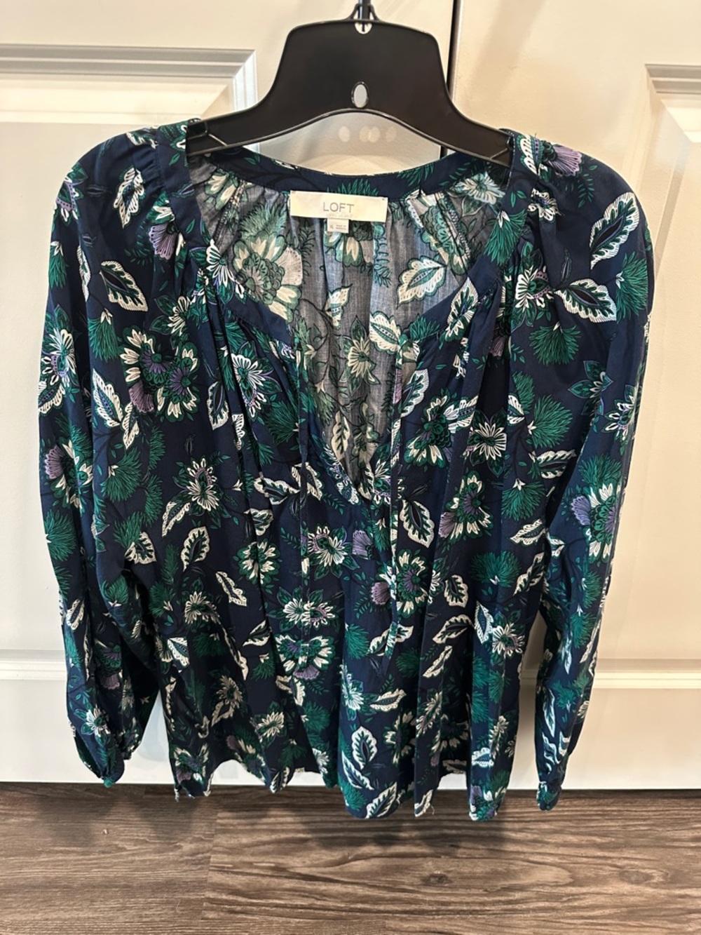 LOFT Navy Floral Tie-Neck Blouse with Green and White Print